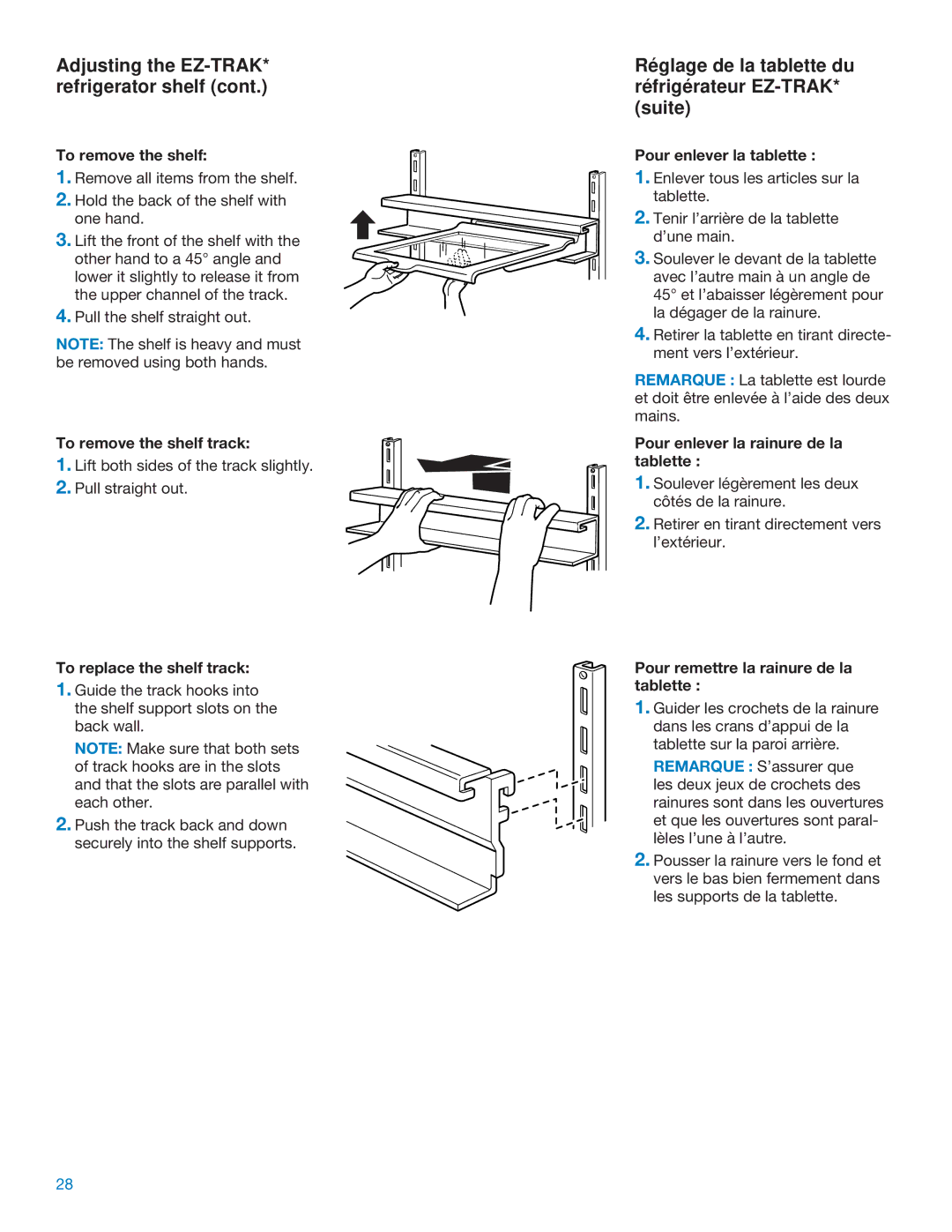 Whirlpool ED25DQXDB06 Adjusting the EZ-TRAK* refrigerator shelf, Réglage de la tablette du réfrigérateur EZ-TRAK* suite 