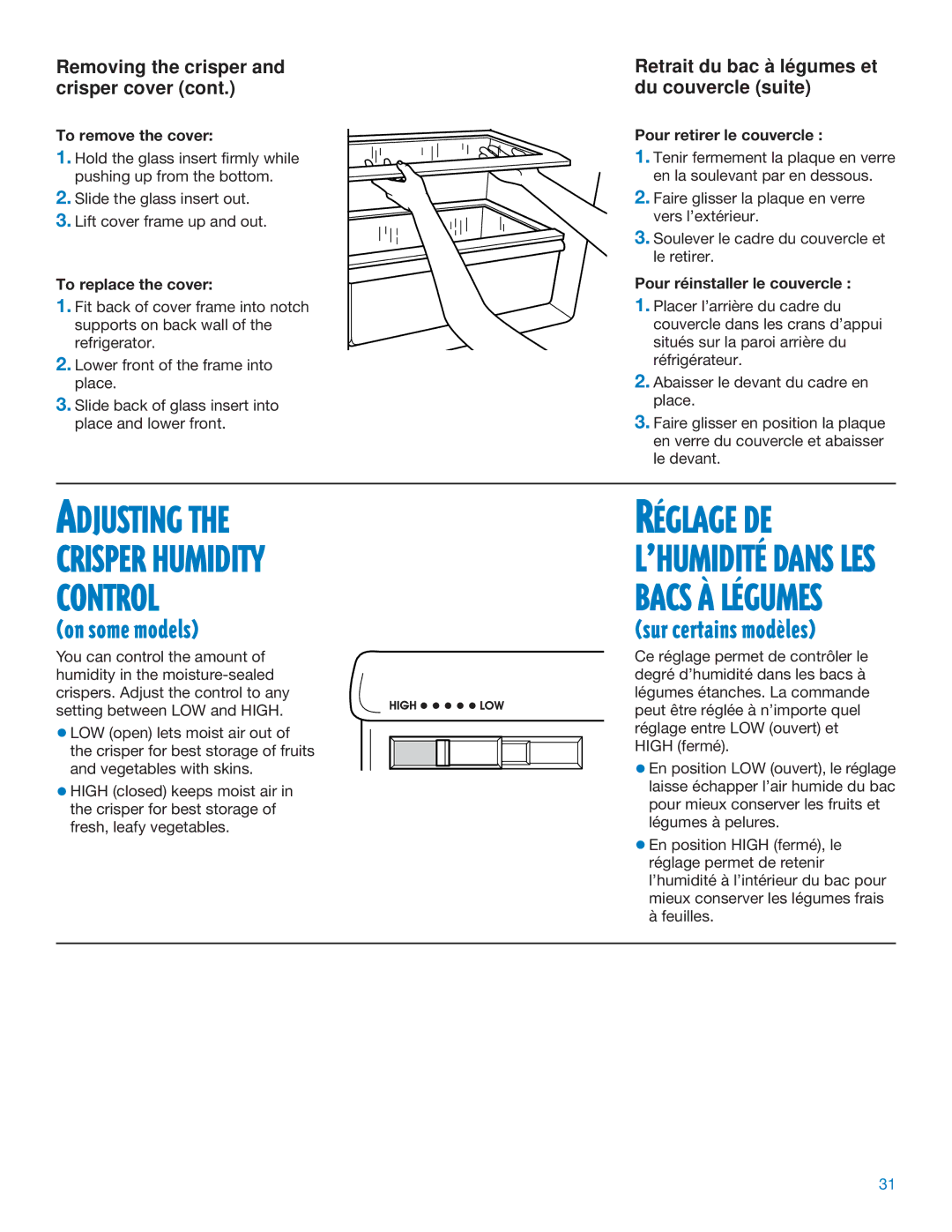 Whirlpool ED25DQXDB06 manual Adjusting Crisper Humidity Control, Removing the crisper, Crisper cover Du couvercle suite 