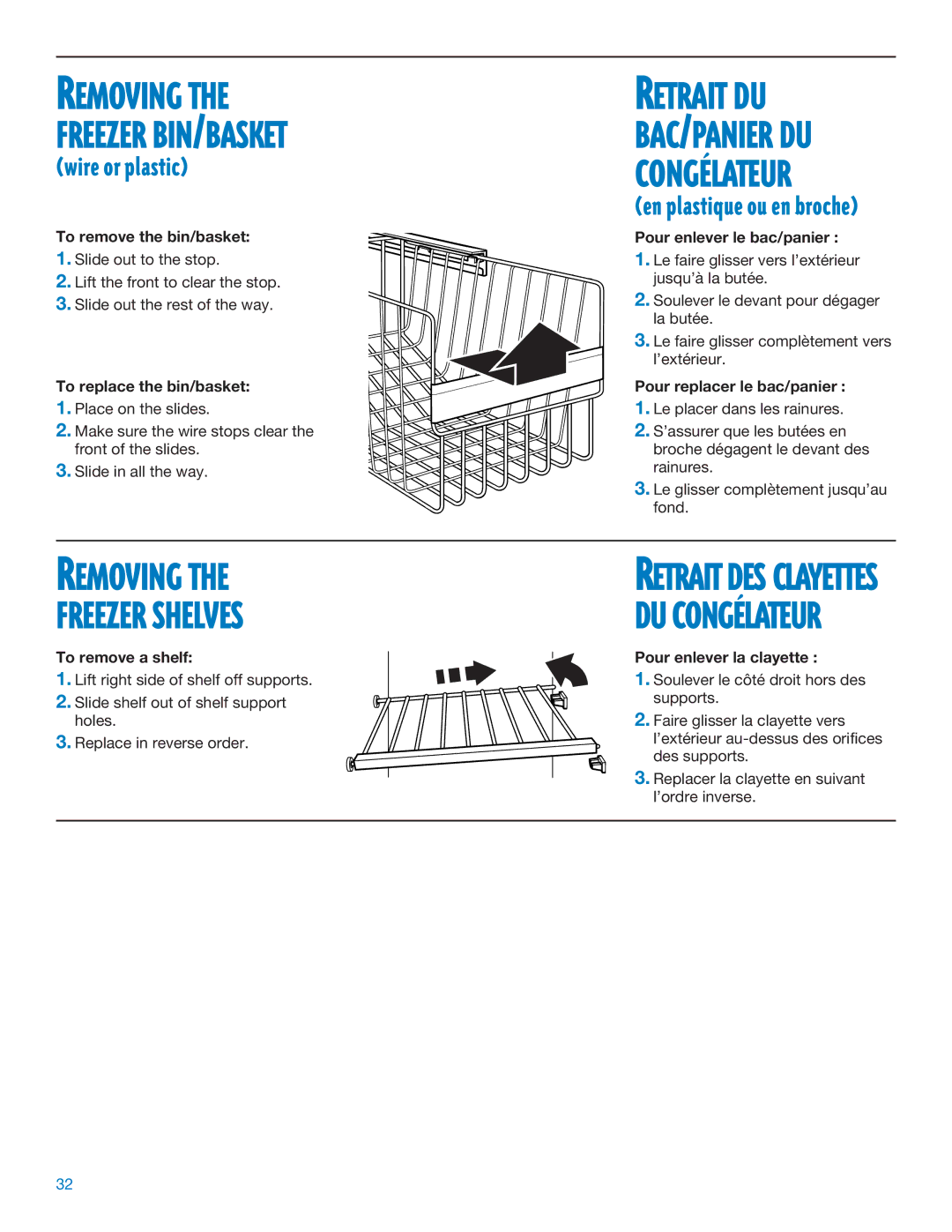 Whirlpool ED25DQXDB06 manual Retrait DU, Removing Freezer Shelves, Wire or plastic 