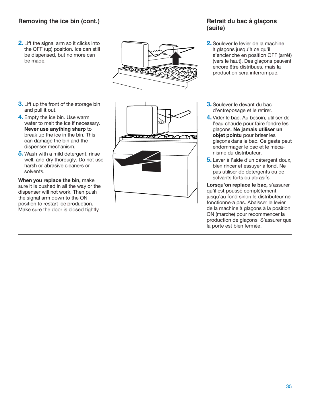 Whirlpool ED25DQXDB06 manual Removing the ice bin, Retrait du bac à glaçons suite 