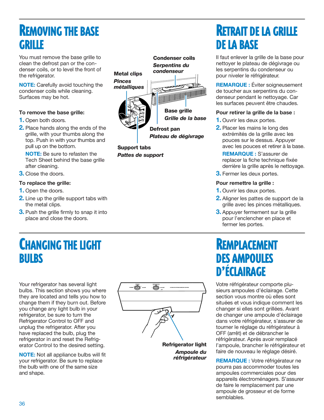 Whirlpool ED25DQXDB06 manual Metal clips Condenser coils, To remove the base grille, To replace the grille, Defrost pan 