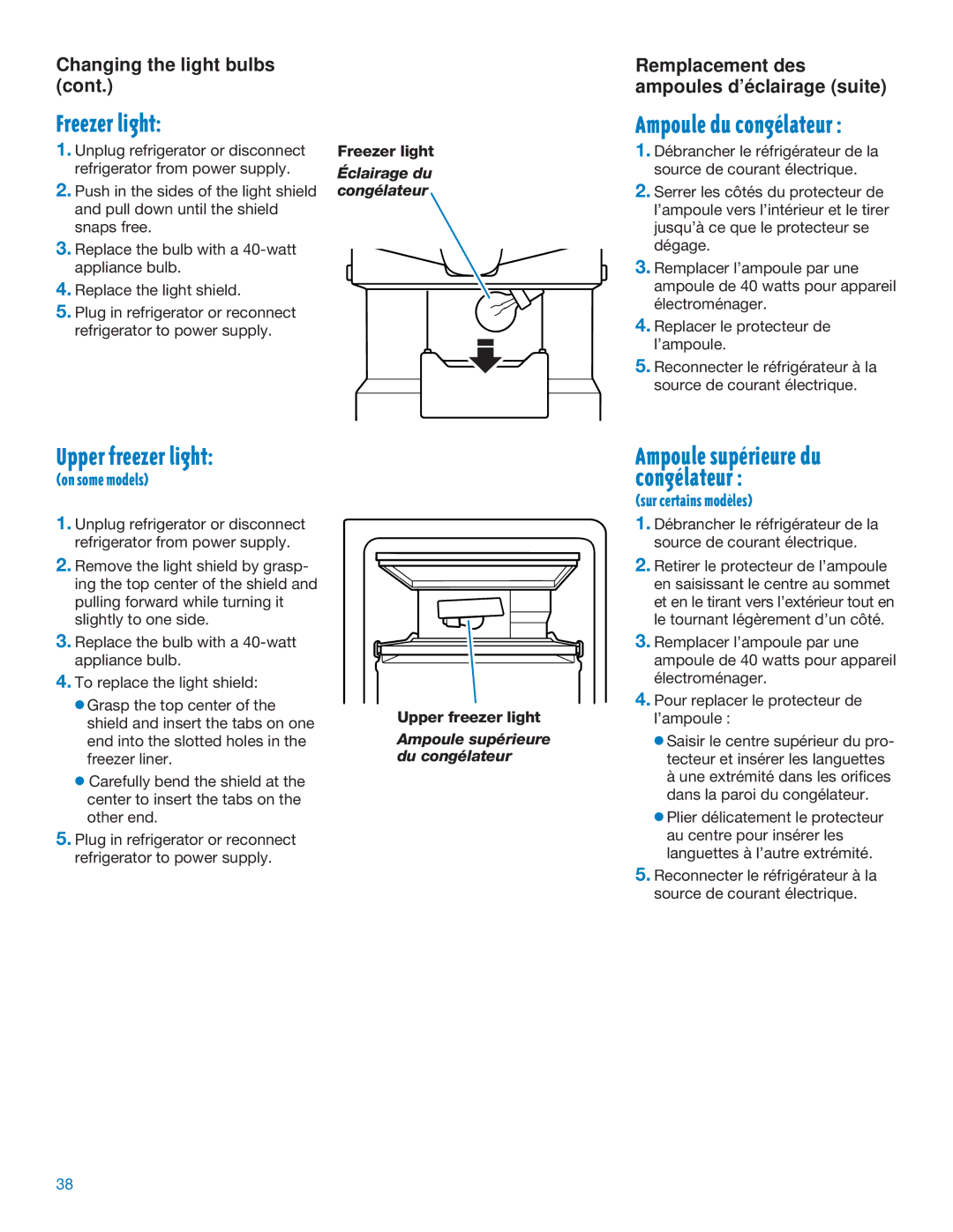 Whirlpool ED25DQXDB06 manual Freezer light, Upper freezer light 