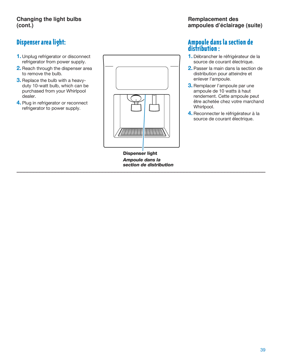 Whirlpool ED25DQXDB06 manual Dispenser area light, Changing the light bulbs Remplacement des Cont, Dispenser light 