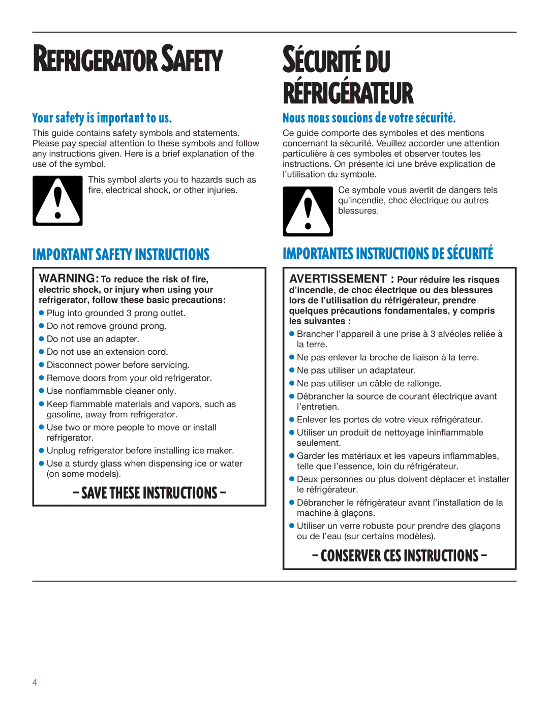 Whirlpool ED25DQXDB06 manual Refrigerator Safety, Your safety is important to us 