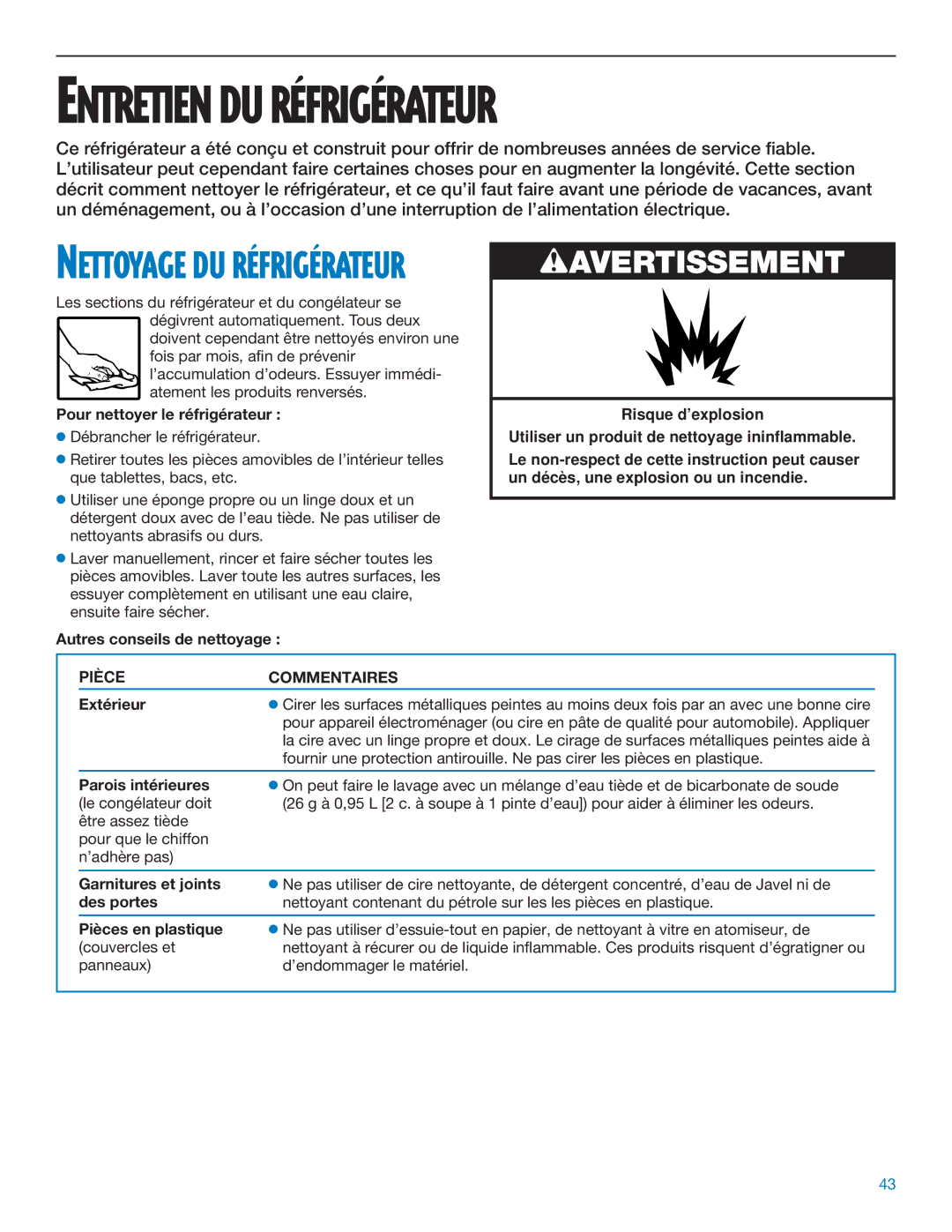 Whirlpool ED25DQXDB06 manual Pour nettoyer le réfrigérateur, Autres conseils de nettoyage, Extérieur, Parois intérieures 