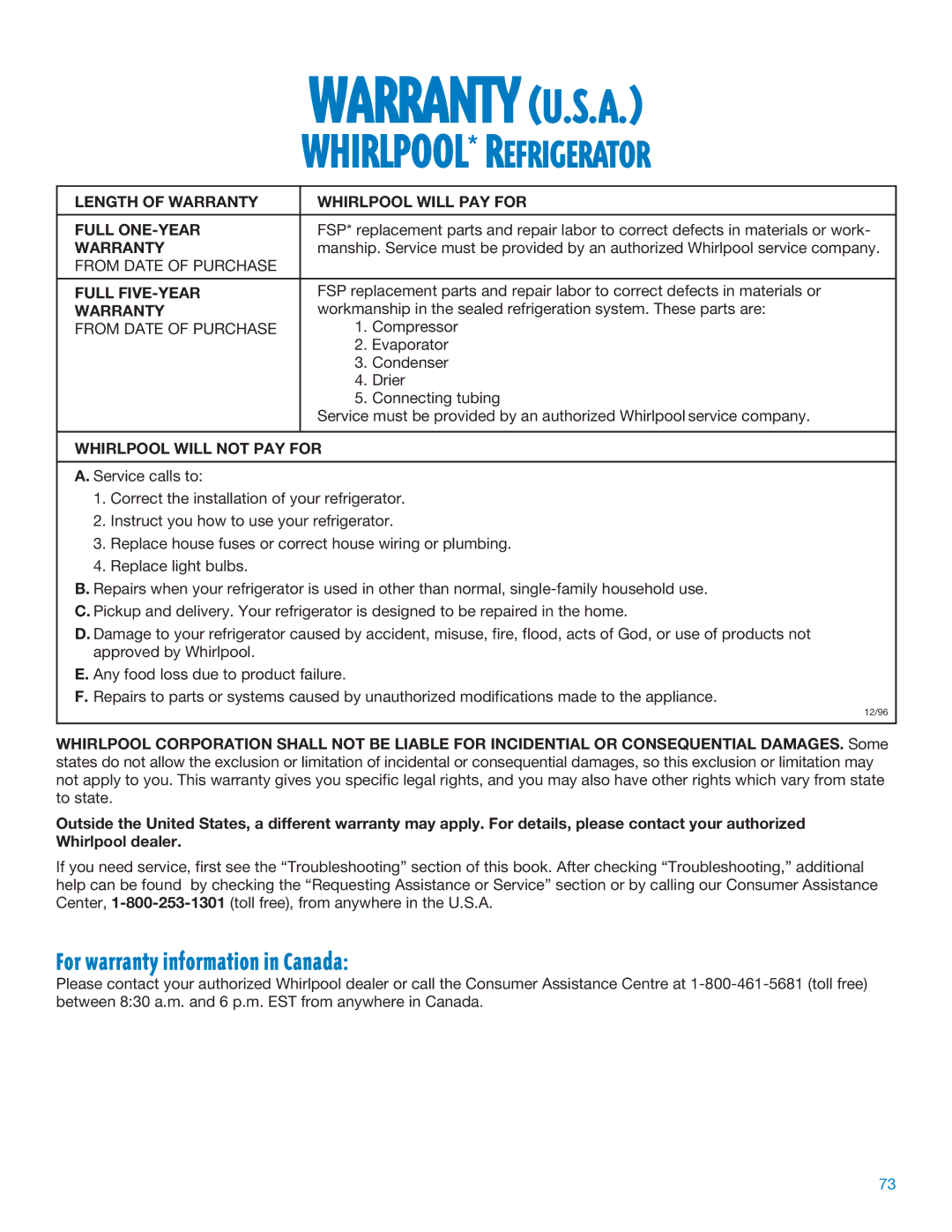 Whirlpool ED25DQXDB06 manual For warranty information in Canada, Length of Warranty Whirlpool will PAY for Full ONE-YEAR 