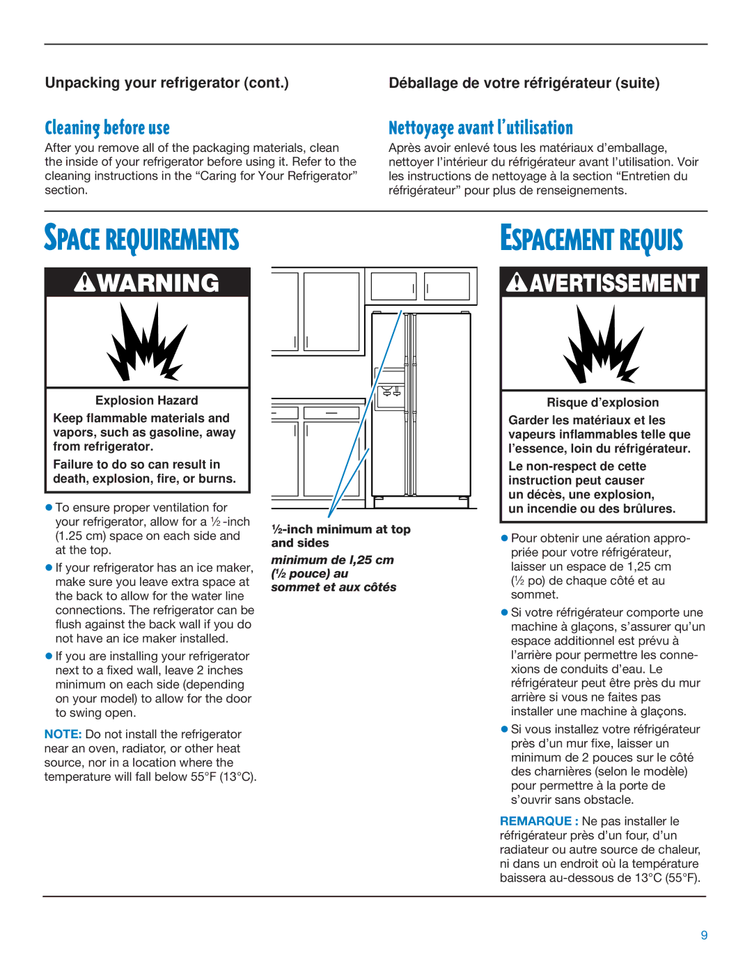 Whirlpool ED25DQXDB06 Space Requirements, Cleaning before use, Nettoyage avant lÕutilisation, Unpacking your refrigerator 