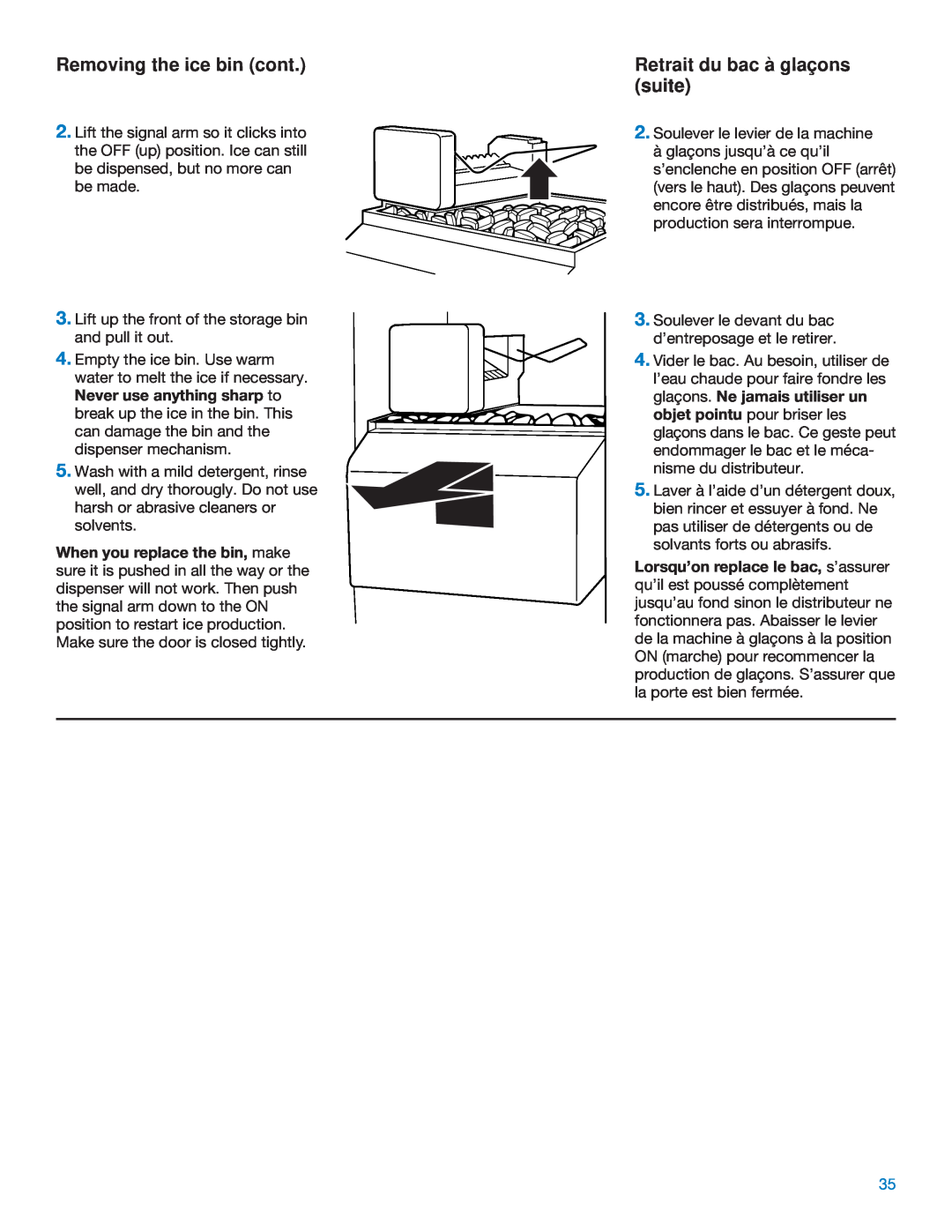 Whirlpool ED25DQXDB06 manual Removing the ice bin cont, Retrait du bac à glaçons suite 