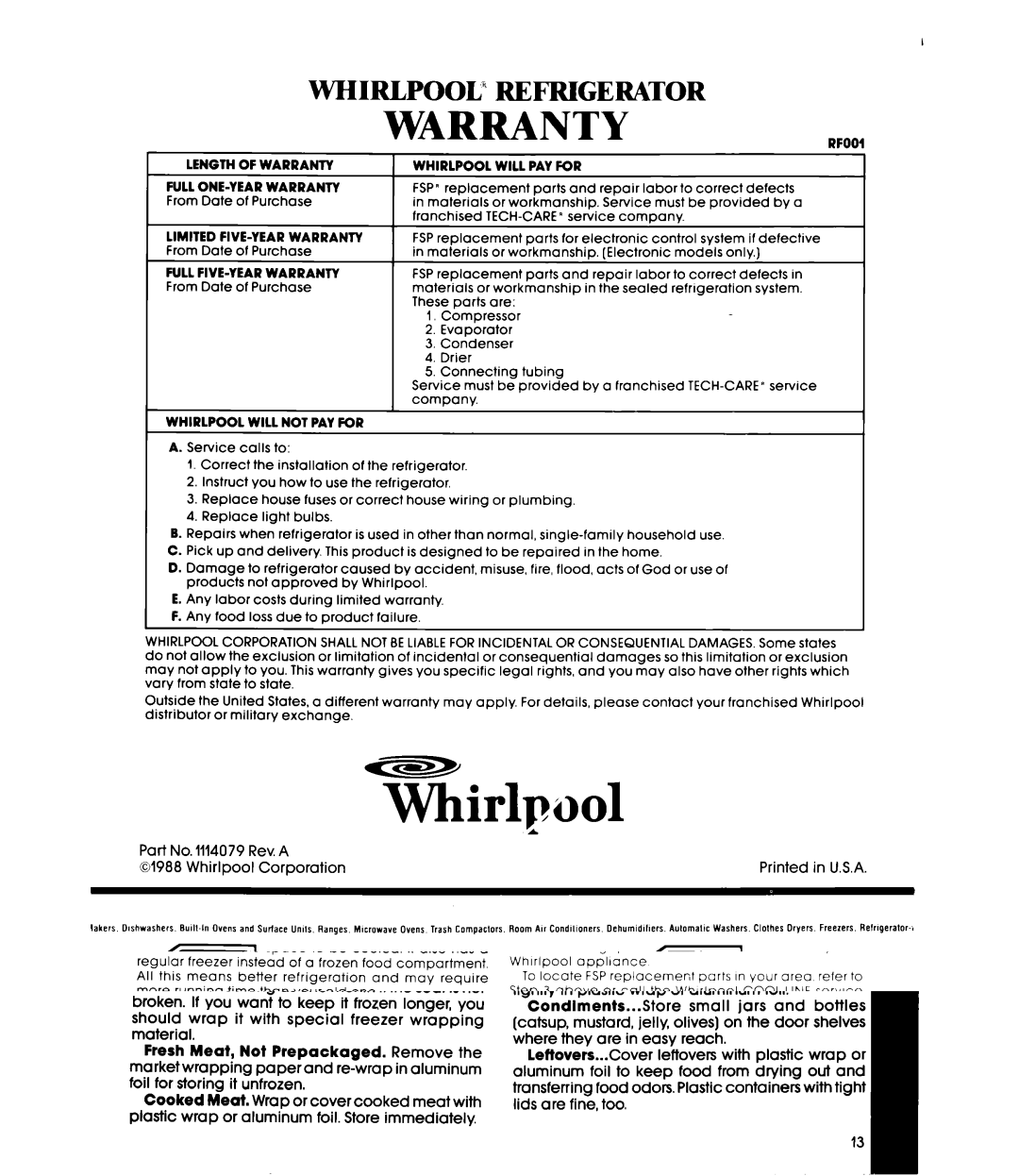 Whirlpool ED25DW manual Warranty, Part No Rev.A Whirlpool Corporation 