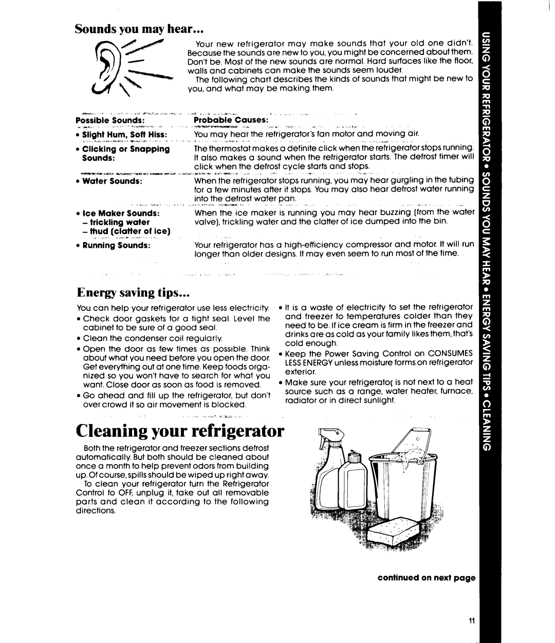 Whirlpool ED25DW manual Cleaning your refrigerator, Sounds you may hear, Energy saving tips 