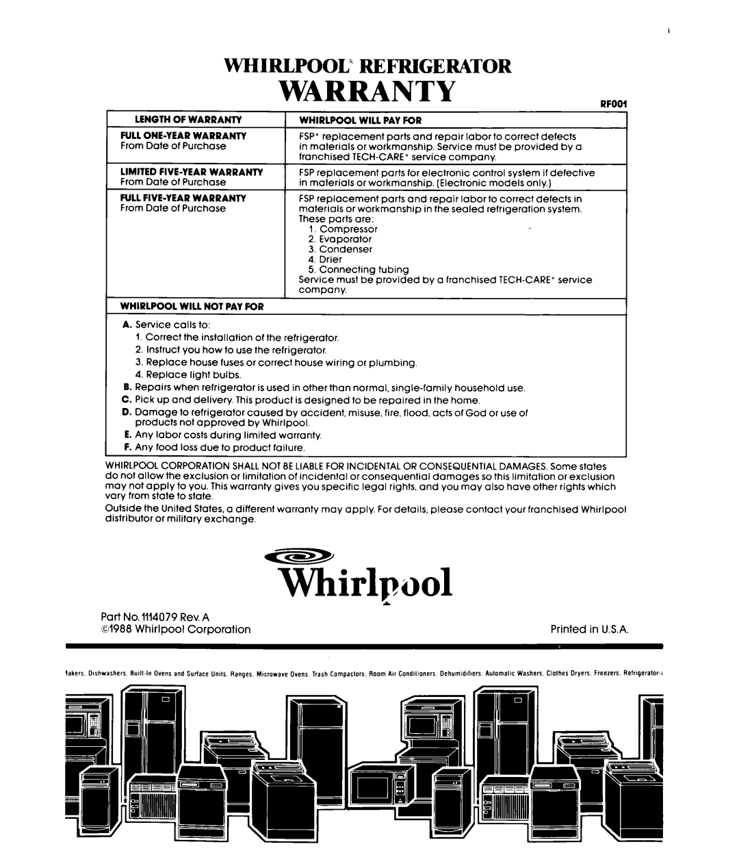 Whirlpool ED25DW manual Warranty, Whirlpool” Refrigerator 
