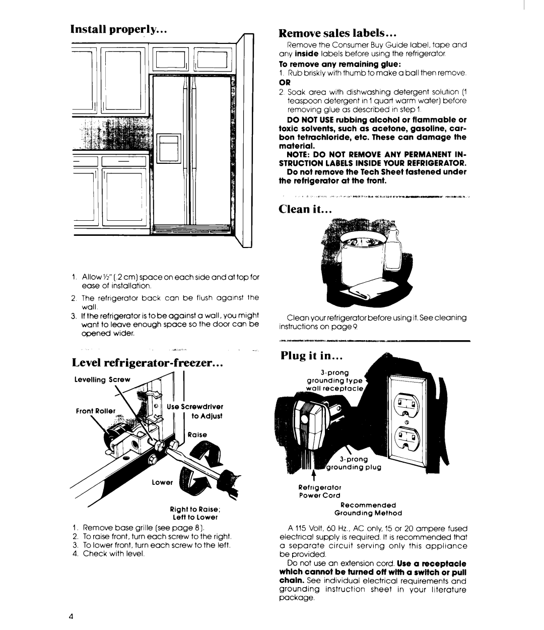 Whirlpool ED25EM manual Install properly, Level refrigerator-freezer, Remove sales labels 