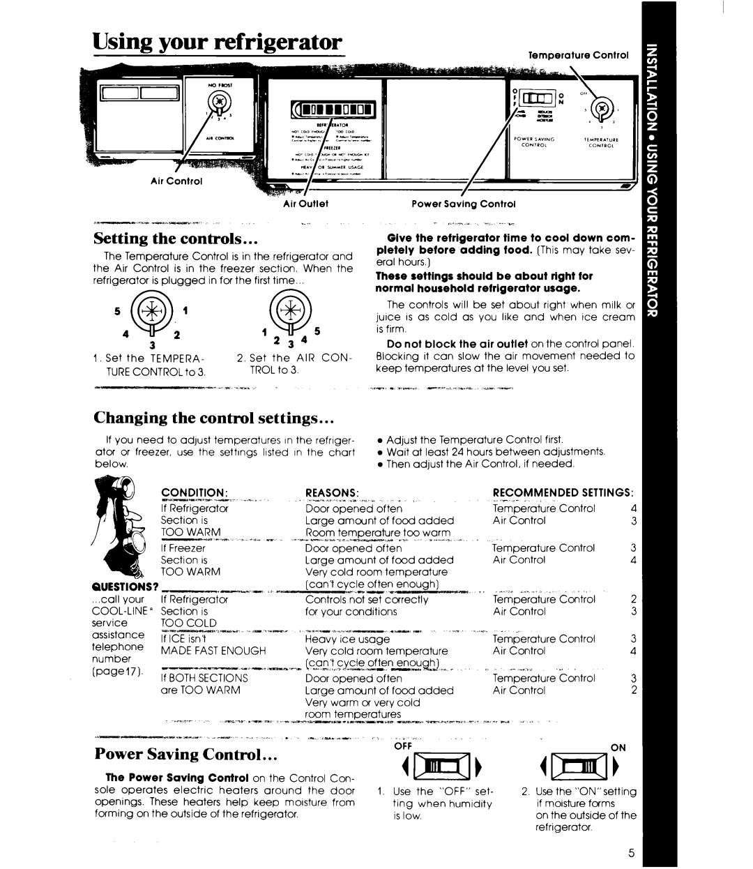 Whirlpool ED25EM manual Setting the controls, Changing the control settings, Power Saving Control 