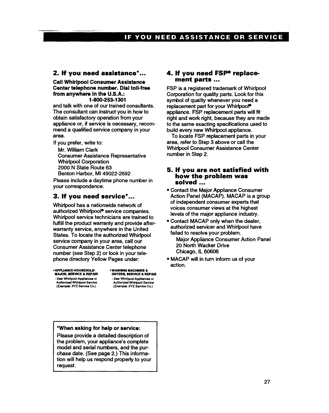 Whirlpool ED22HP, ED25PB, ED22PB, ED22PW If you need assistance, If you need service, If you need FSP replace- ment parts 