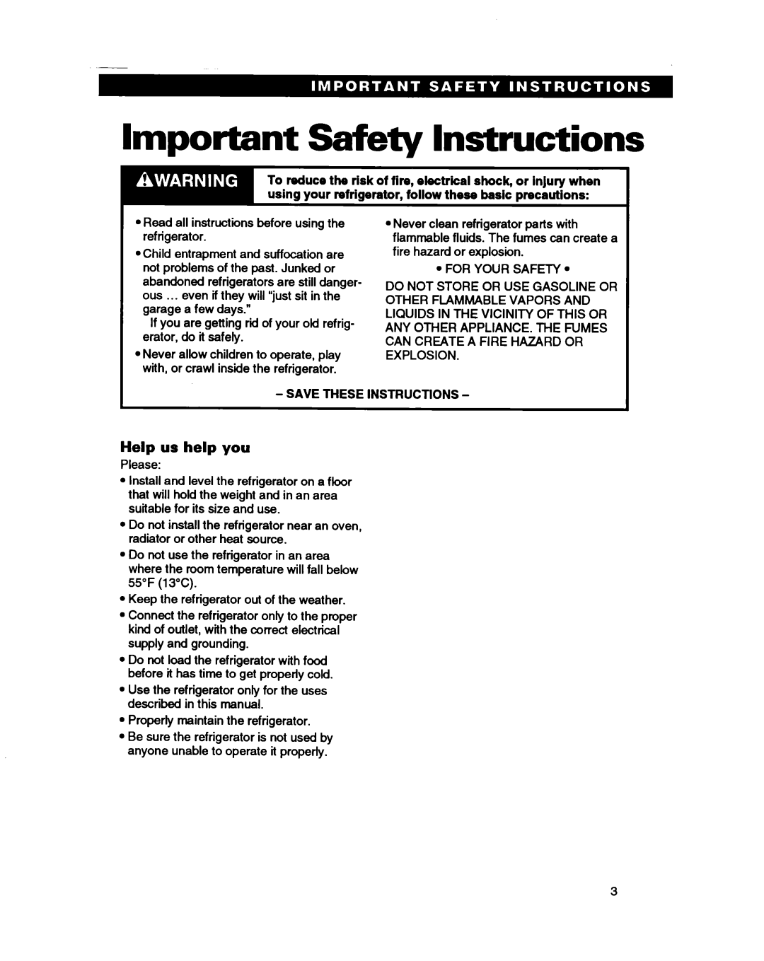 Whirlpool ED22HP, ED25PB, ED22PB, ED22PW warranty Important Safety Instructions, Help us help you 