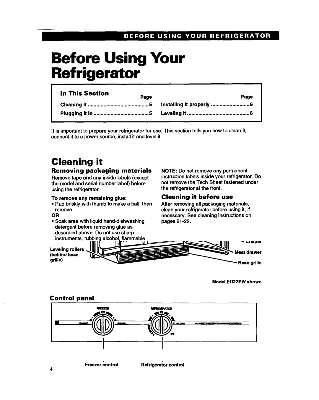 Whirlpool ED22PB, ED25PB, ED22PW, ED22HP warranty Before Using Your Refrigerator, Cleaning it, Plugging it 