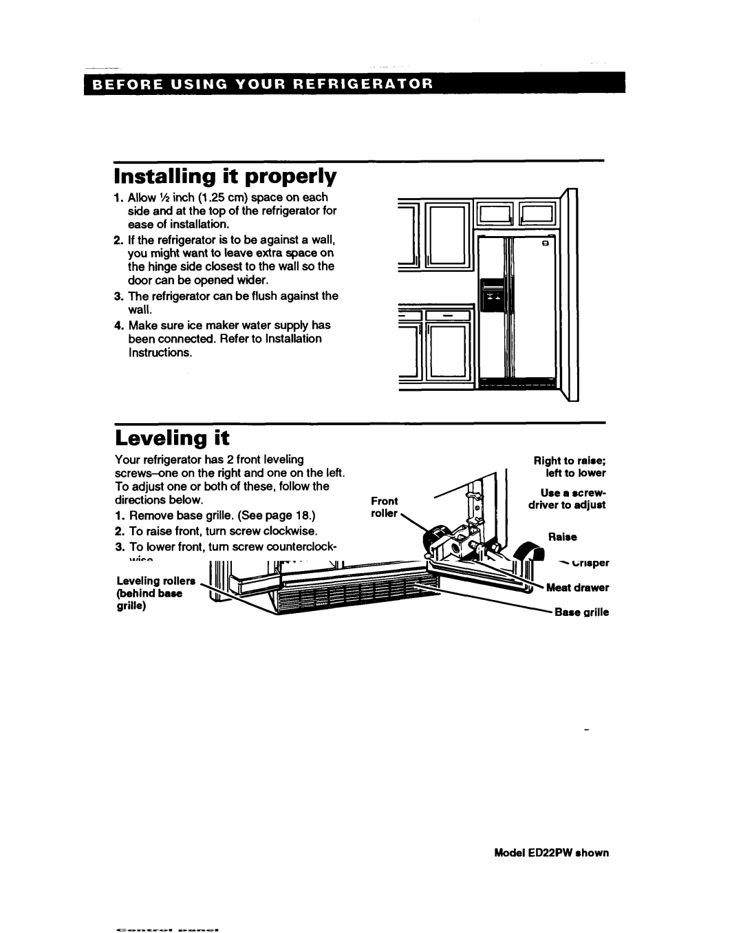 Whirlpool ED22PW, ED25PB, ED22PB, ED22HP warranty Installing it properly, Leveling it 