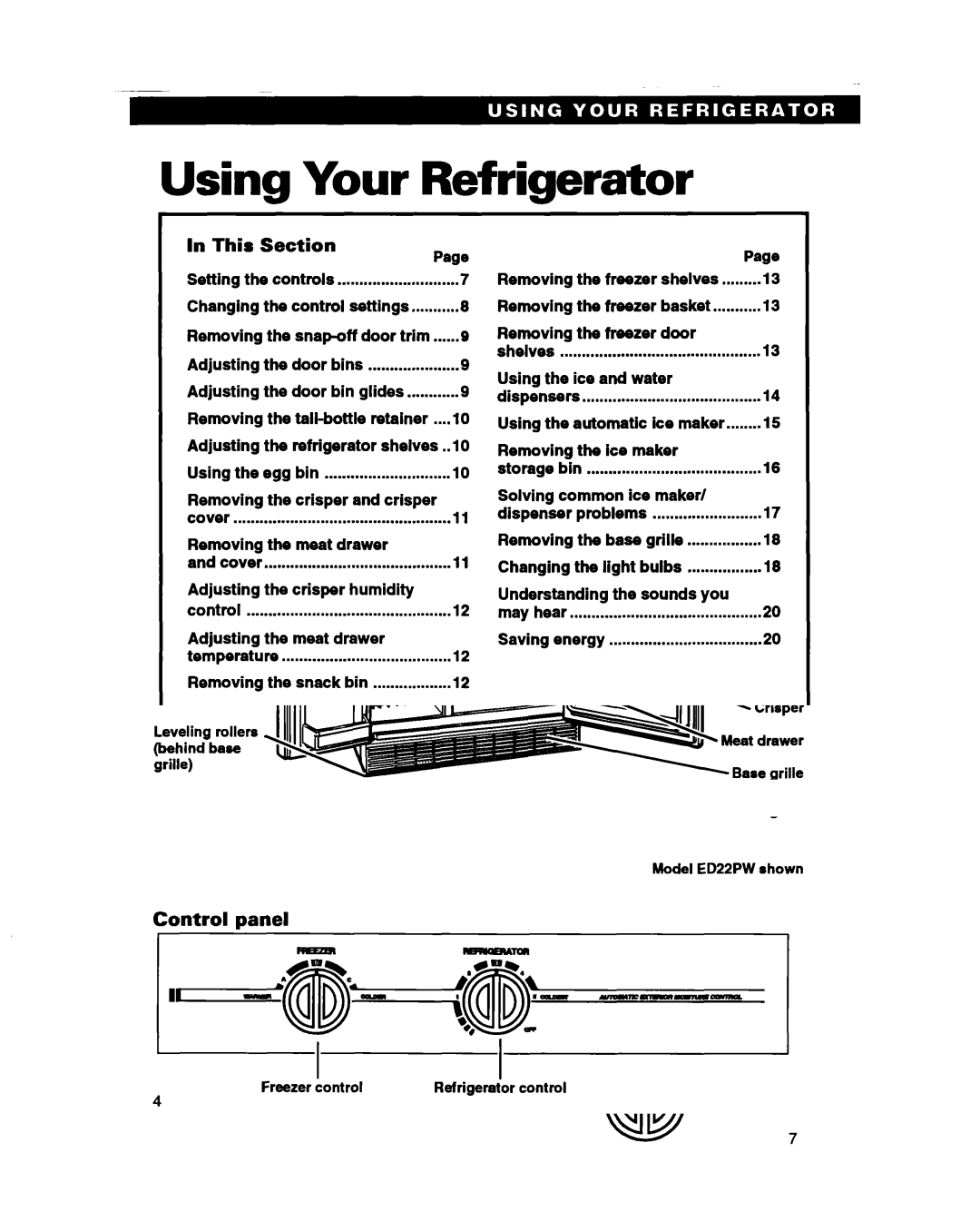 Whirlpool ED22HP, ED25PB, ED22PB, ED22PW warranty Using Your Refrigerator, Setting the controls 