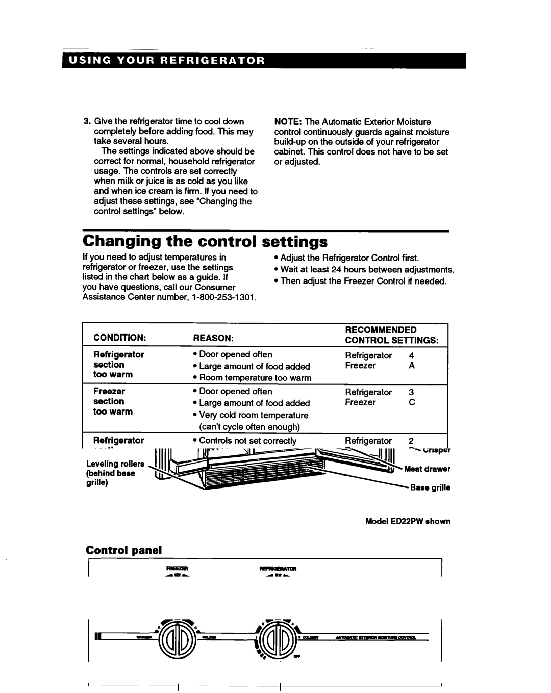 Whirlpool ED25PB, ED22PB, ED22PW, ED22HP warranty Changing the control, Settings, Condition, Reason 