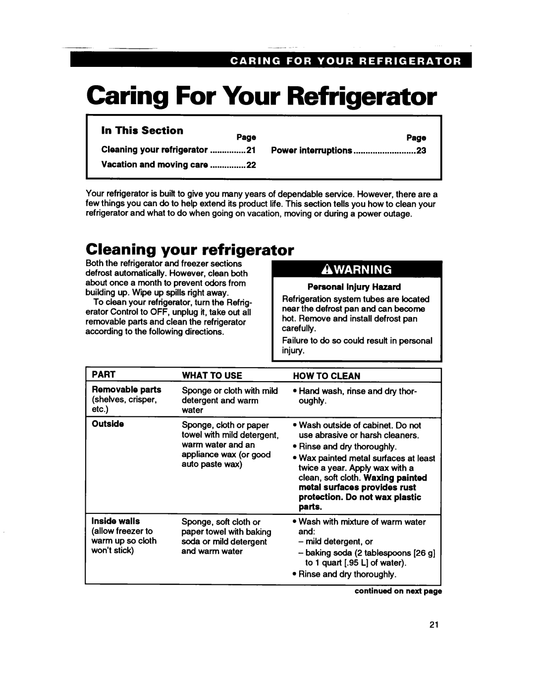 Whirlpool ED22PB Caring For Your Refrigerator, Cleaning your refrigerator, I In This Section, Page, Personal injury Hazard 