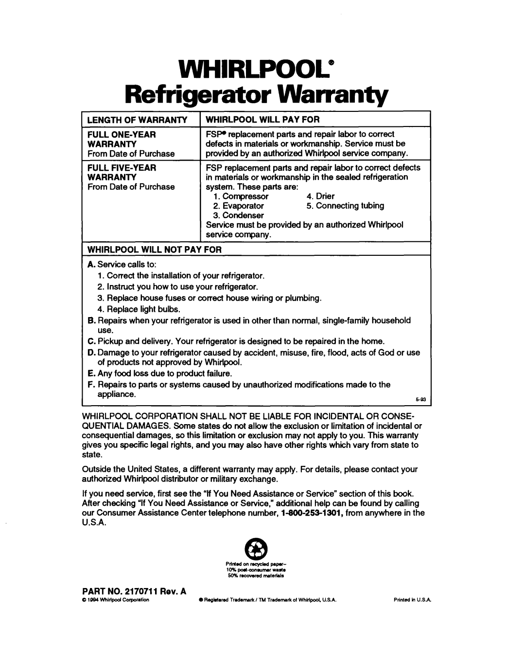 Whirlpool ED25PB Refrigerator, Whirlpool@, Length Of Warranty, Whirlpool Will Pay For, Full One-Year, Full Five-Year 