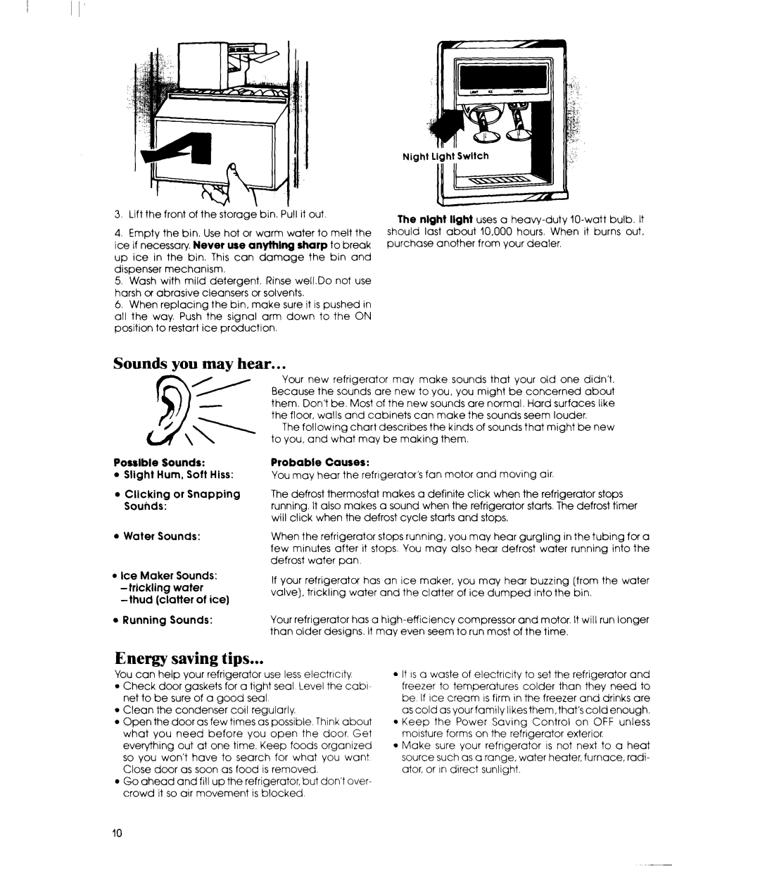 Whirlpool ED25PM manual Sounds you may hear, Energy saving tips, Possible Sounds, Probable Causes 