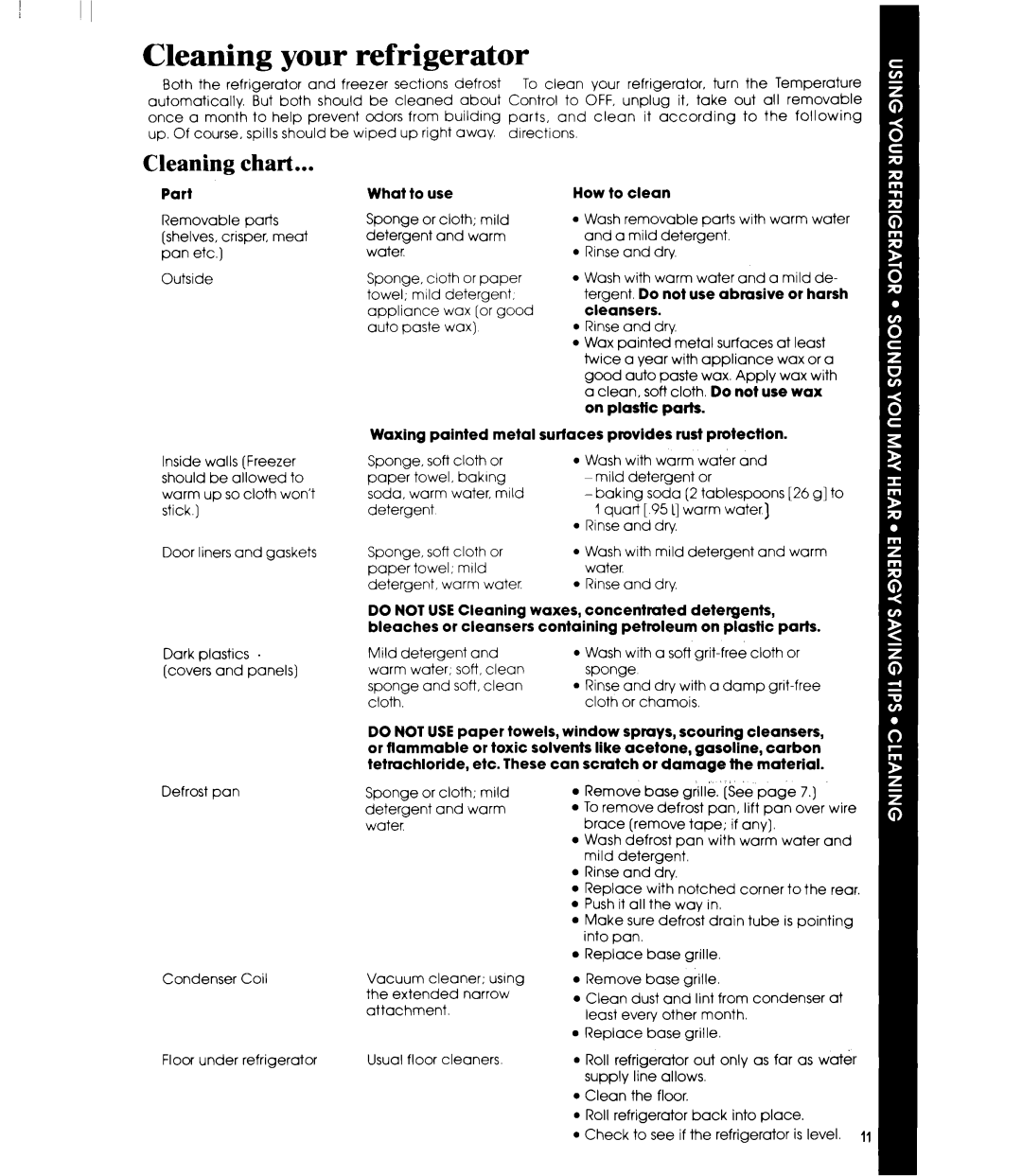 Whirlpool ED25PM manual Cleaning your refrigerator, Cleaning chart 