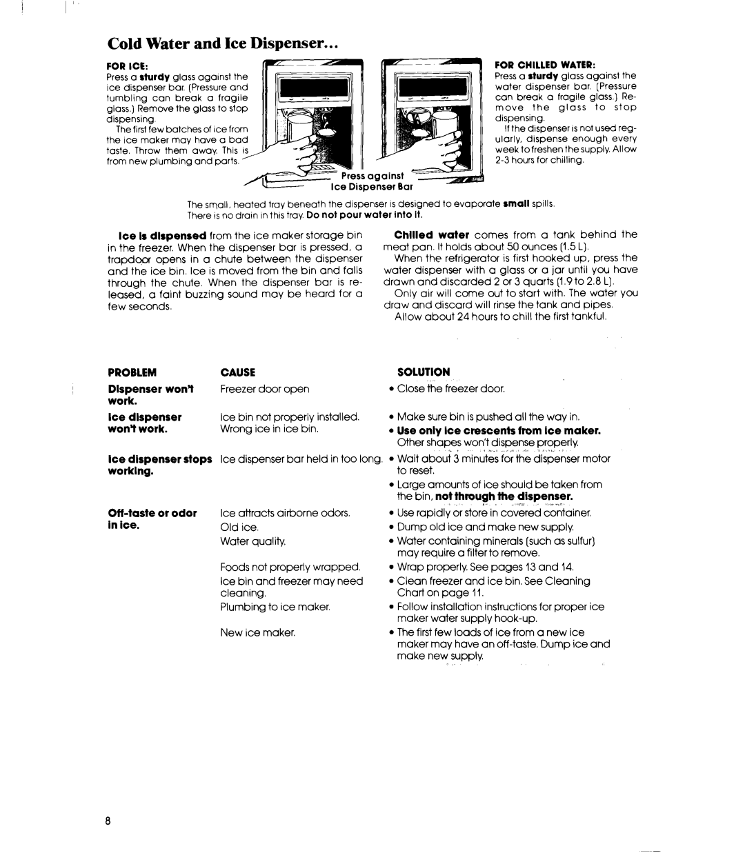 Whirlpool ED25PM manual Cold Water and Ice Dispenser 