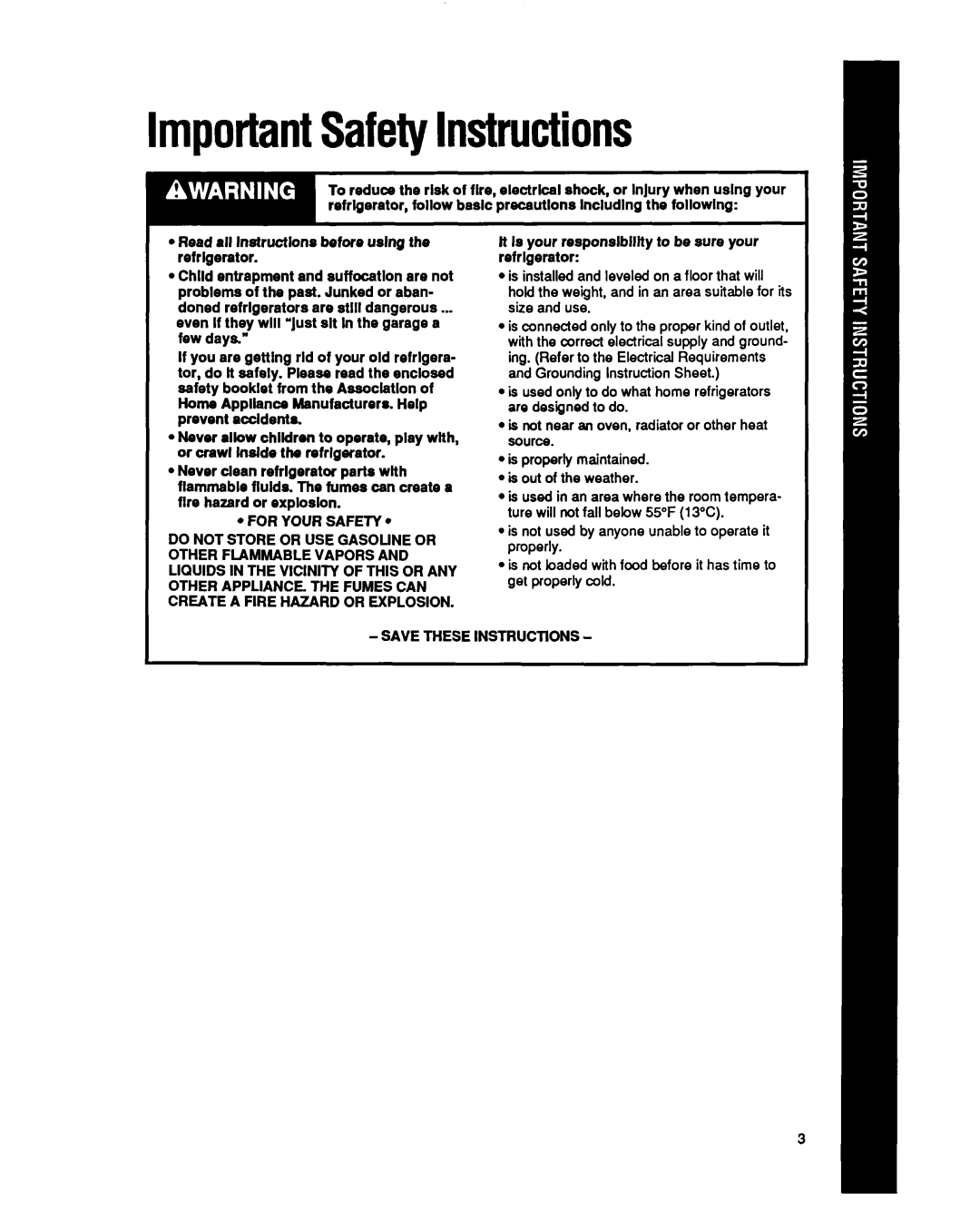 Whirlpool ED22PQ, ED25PQ manual ImportantSafetyInstructions, It Is your responslblllty to be sure your refrigerator 