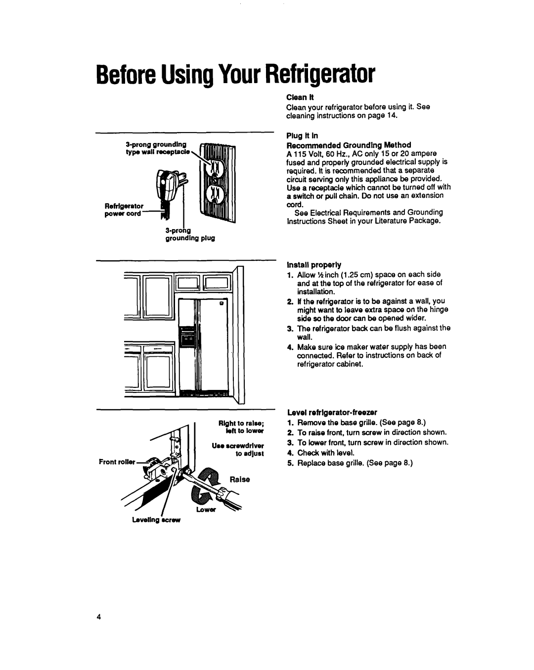 Whirlpool ED25PQ, ED22PQ BeforeUsingYourRefrigerator, Clean it, Plug tt Recommended Groundlng Method, Install properly 