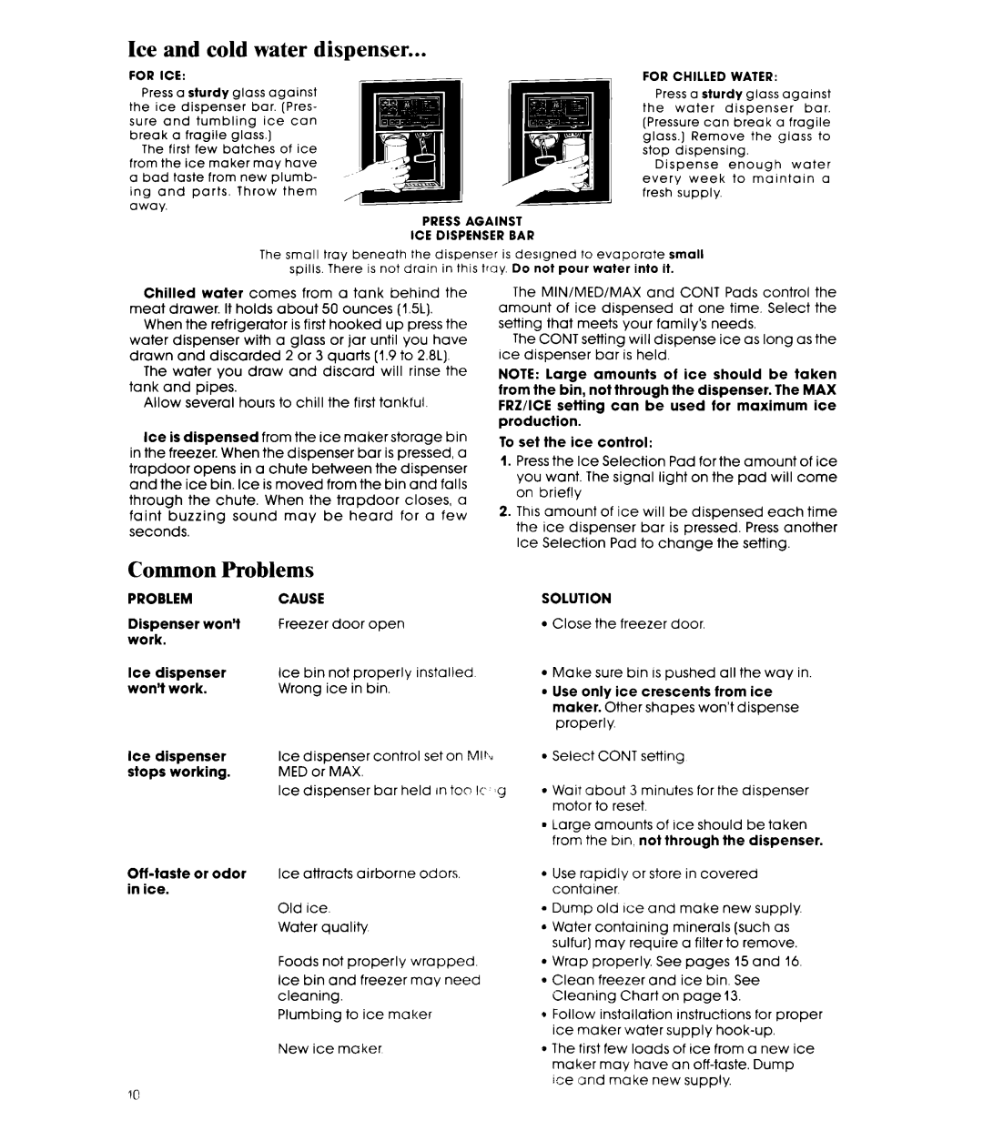 Whirlpool ED25PS manual Ice and cold water dispenser, Common Problems, Cause, Solution 