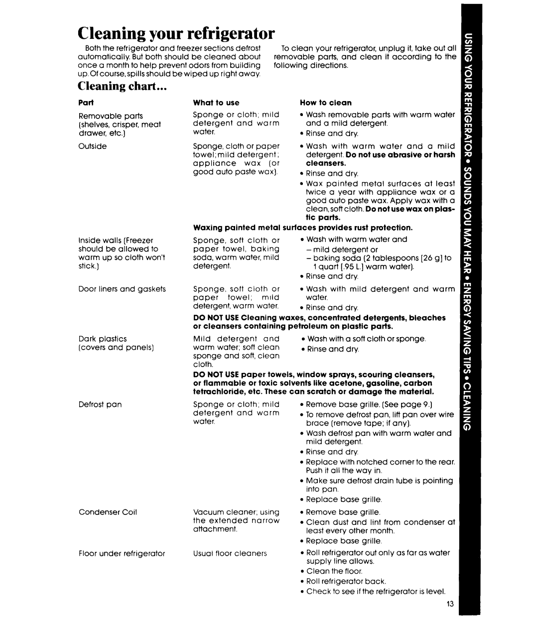 Whirlpool ED25PS manual Cleaning your refrigerator, Cleaning chart 