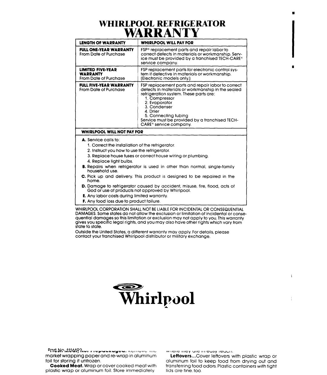 Whirlpool ED25PS manual Warranty 