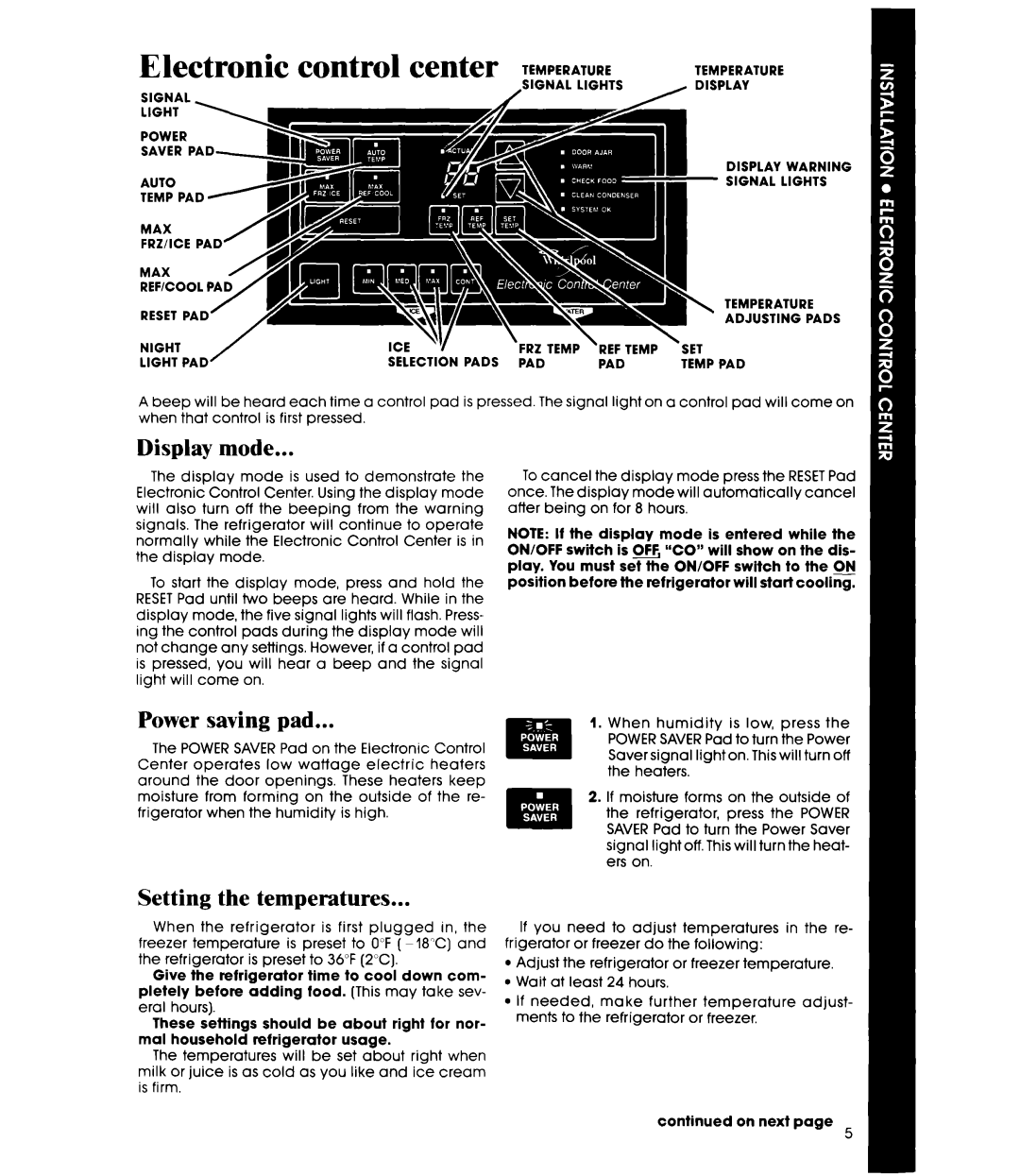 Whirlpool ED25PS manual Electronic control center Temperaturetemperature, Display mode, Power saving pad 