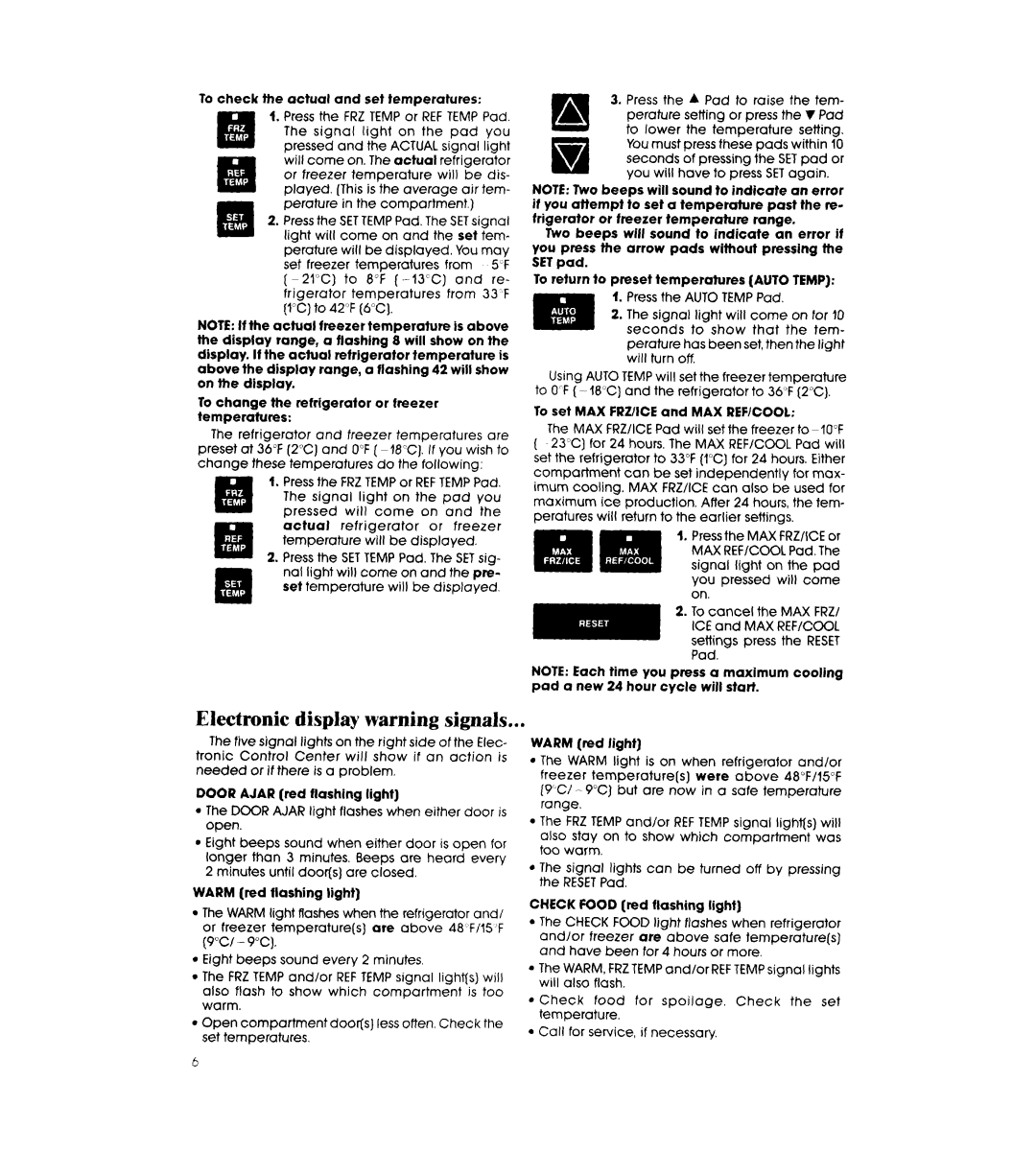 Whirlpool ED25PS manual Electronic display warning signals, Temperature 