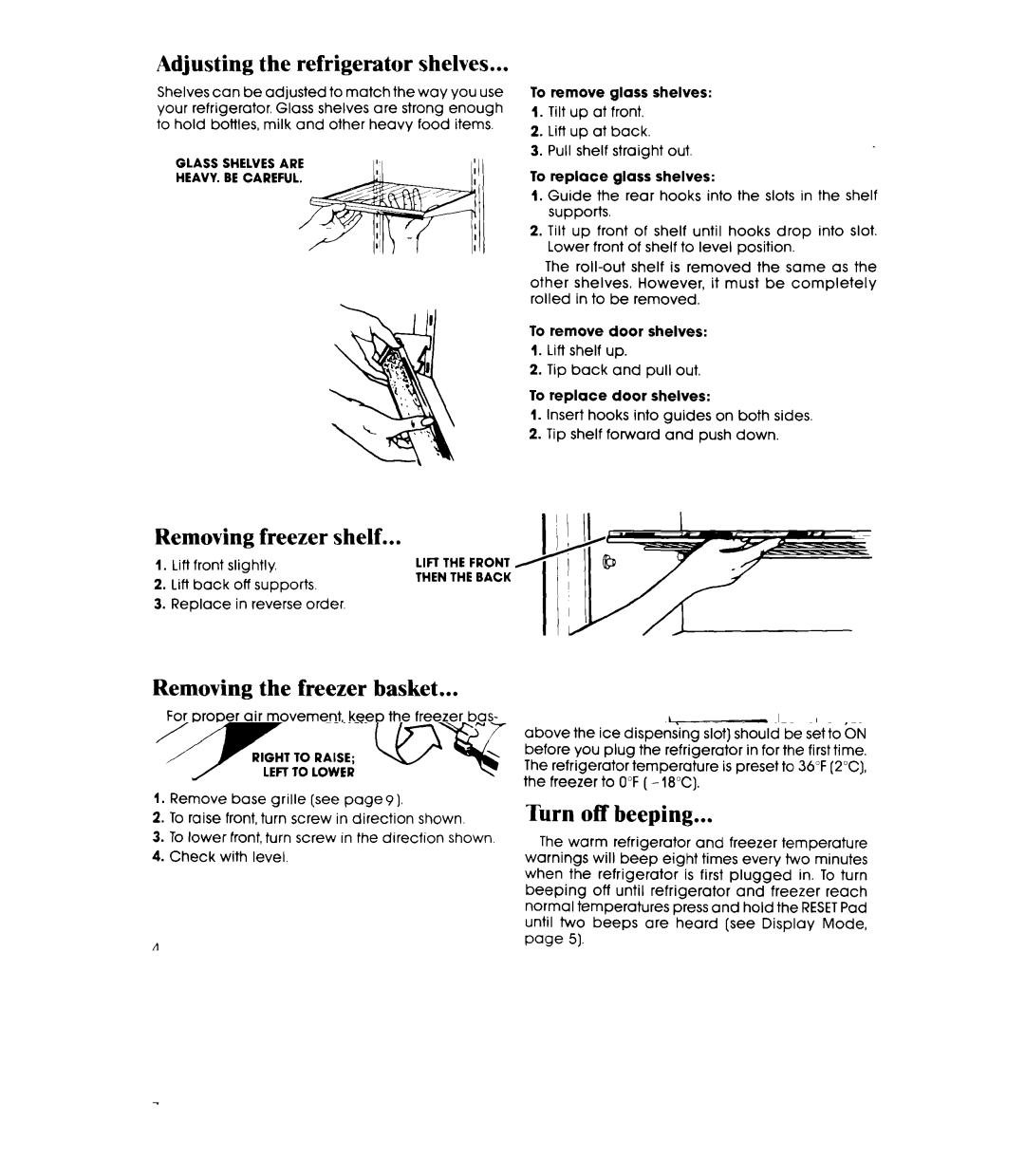 Whirlpool ED25PS manual Adjusting the refrigerator shelves, Shelf, Removing the freezer basket 