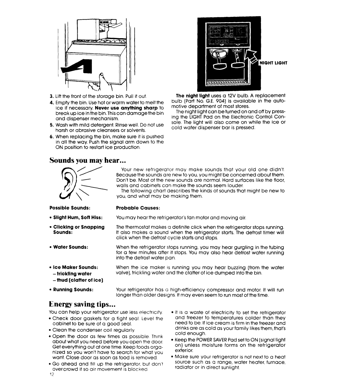 Whirlpool ED25PS manual Sounds you may hear, Energy saving tips 