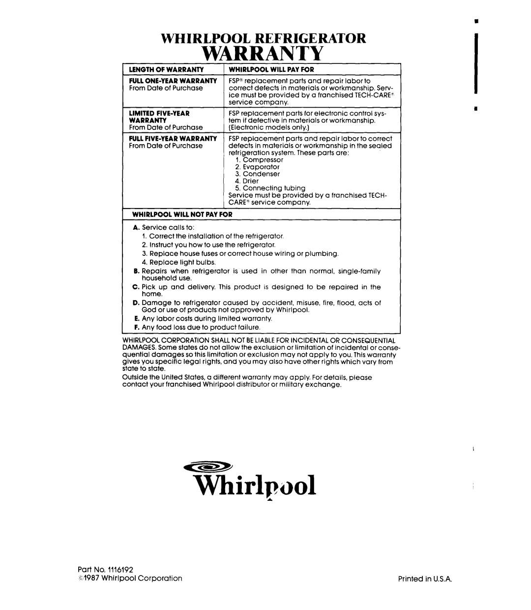 Whirlpool ED25PS manual Warranty, Whirlpool Refrigerator 