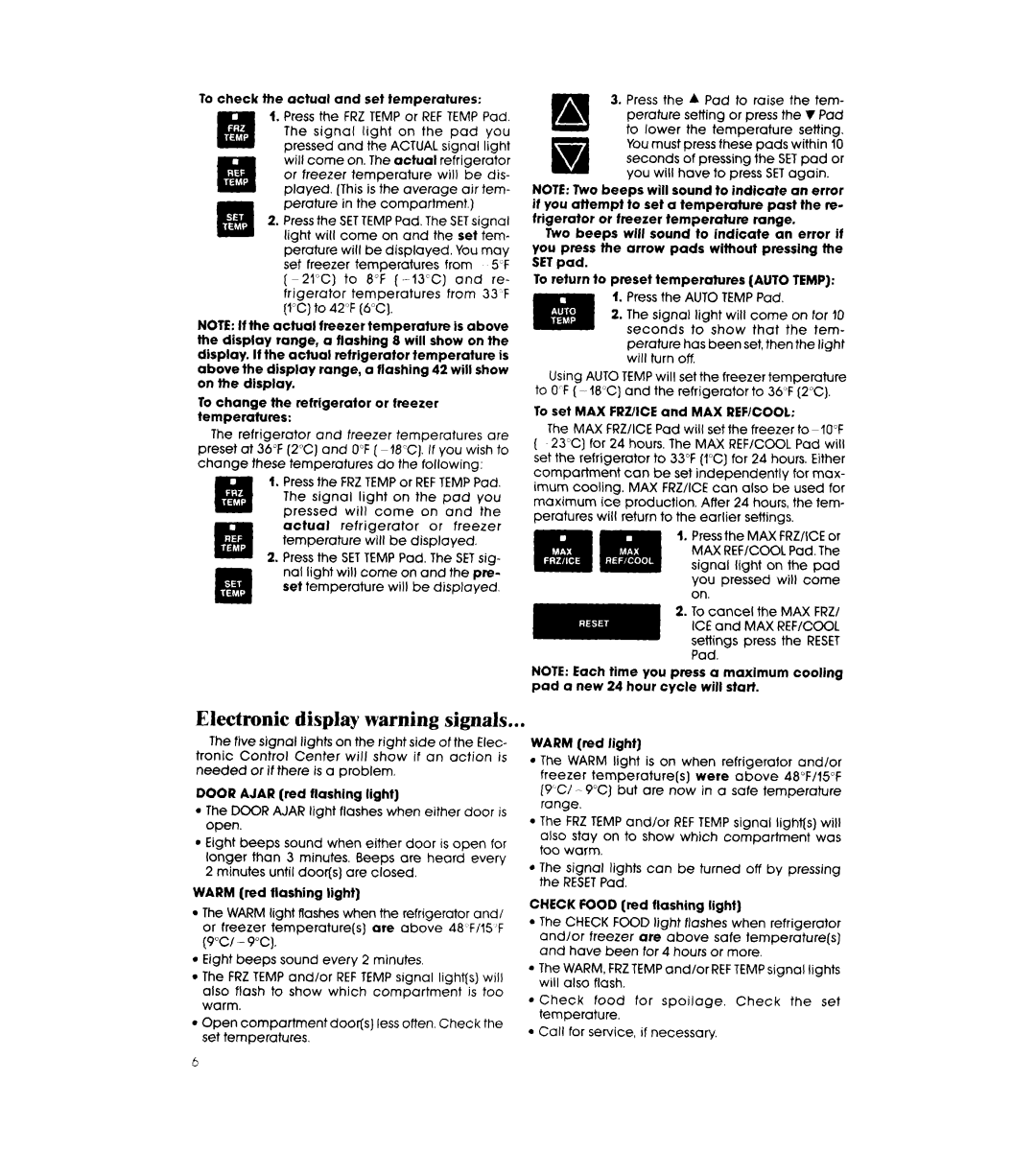 Whirlpool ED25PS manual Electronic display warning signals 