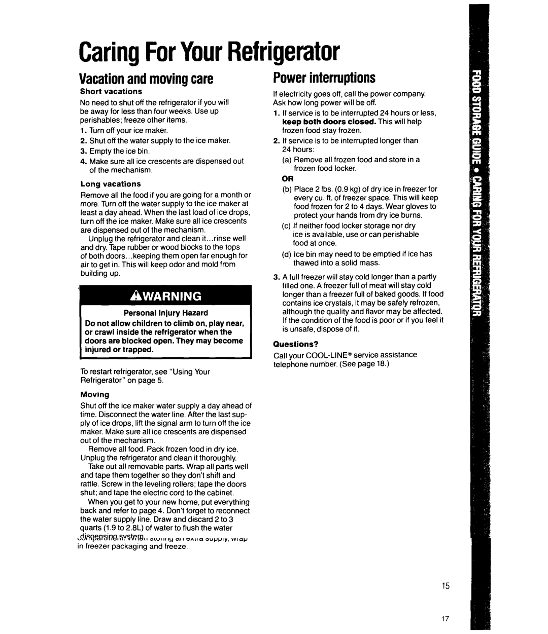 Whirlpool ED25PW manual CaringForYourRefrigerator, Vacationand movingcare 