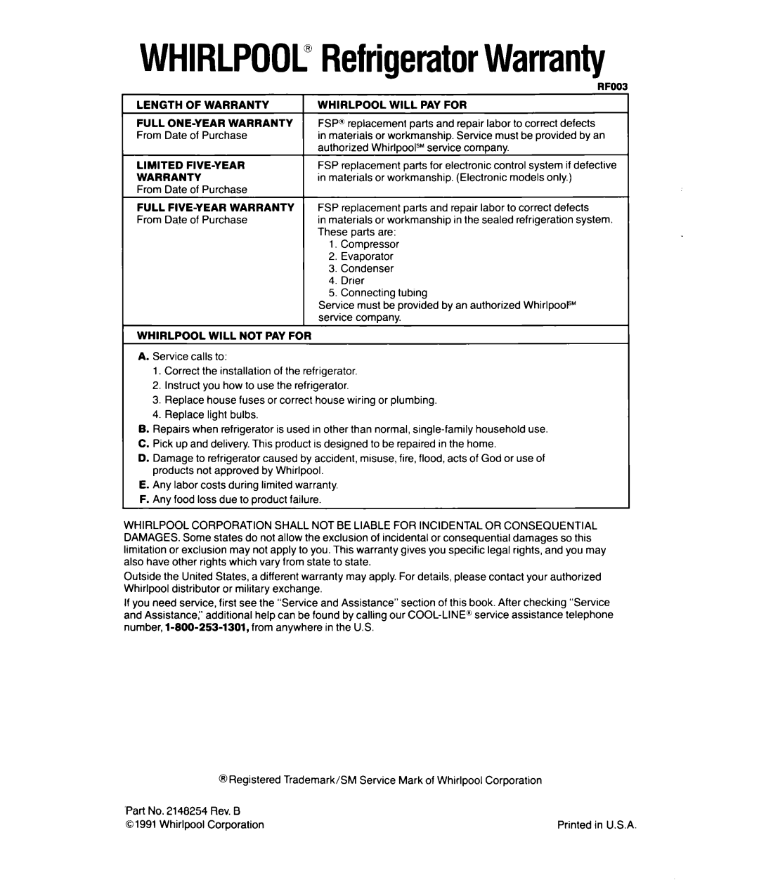 Whirlpool ED25PW Length of Warranty, Limited FIVE-YEAR Warranty, Rfoo Whirlpool will PAY for, Full FIVE-YEAR Warranty 