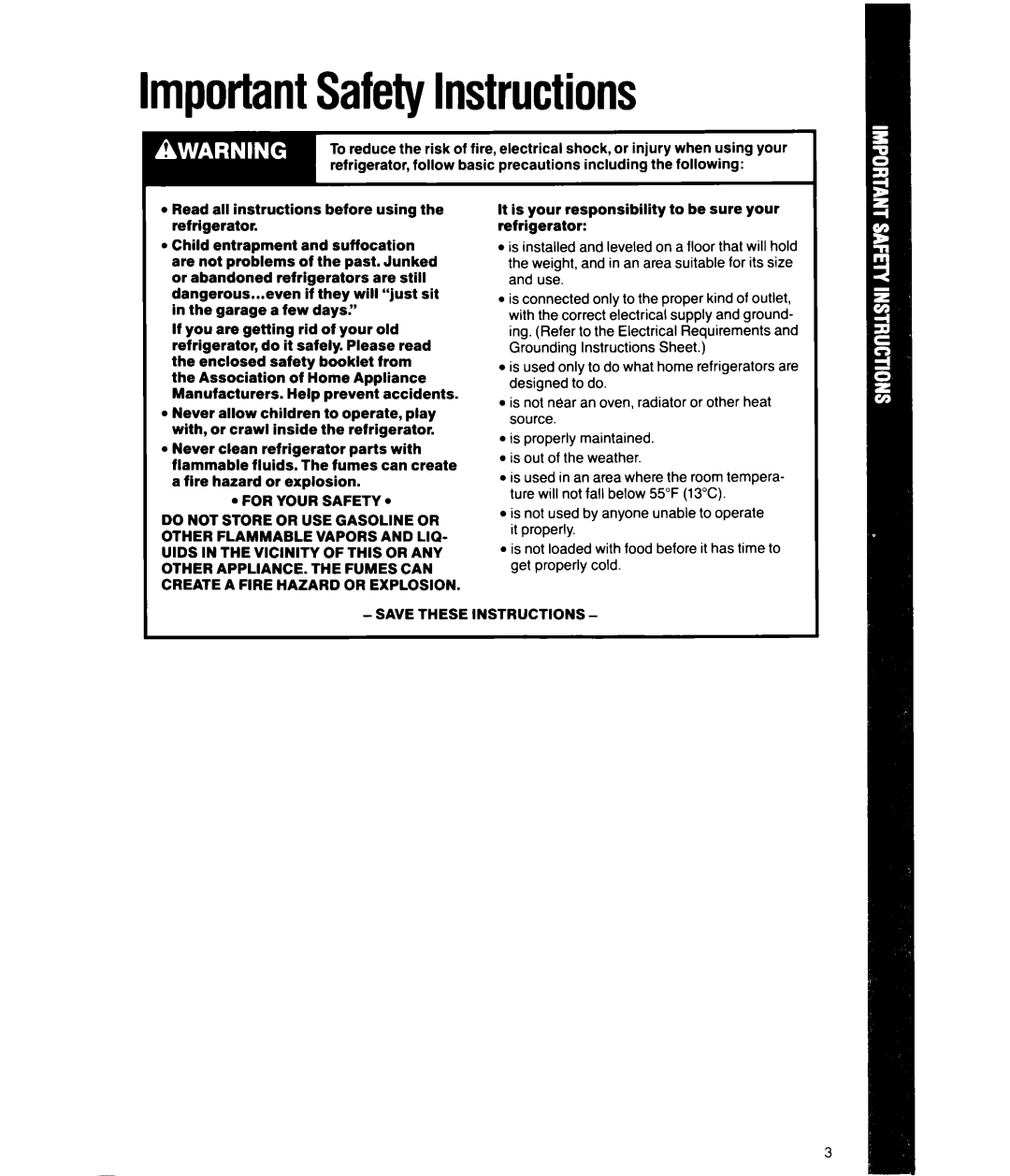 Whirlpool ED25PW manual ImportantSafetyInstructions 
