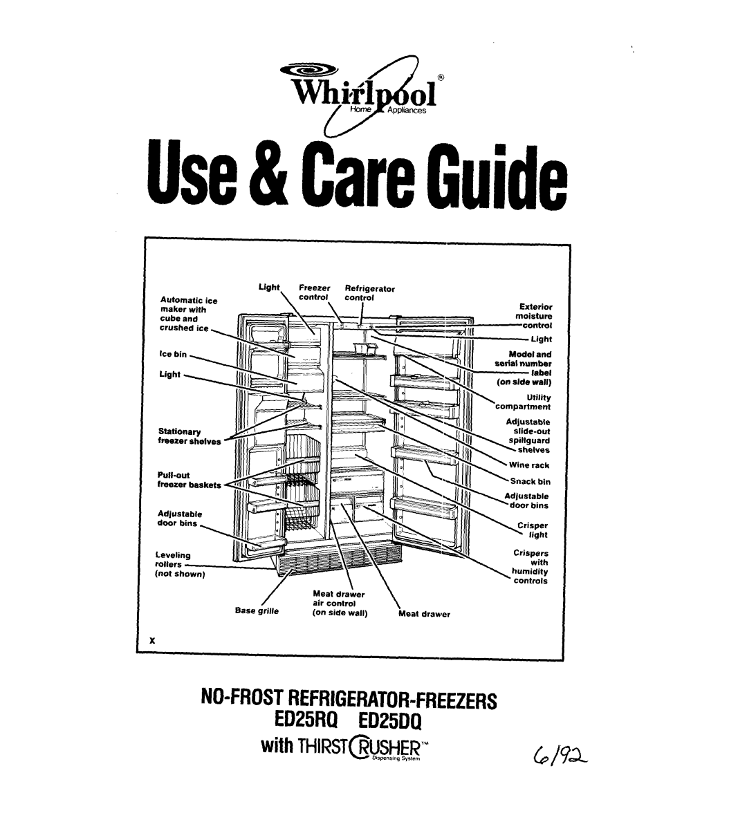 Whirlpool ED25RQ manual Automatic ice maker with Pull-out Freezer baskets, Meat drawer Air, Base grille 