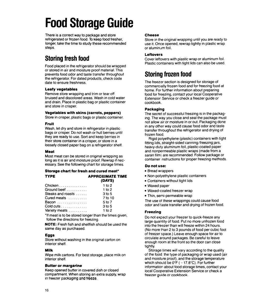 Whirlpool ED25RQ manual Storingfreshfood, Storingfrozenfood, FoodStorageGuide 