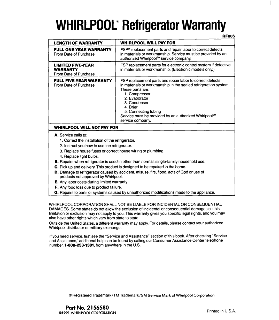 Whirlpool ED25RQ manual WHIRLPOOrRefrigeratorWarranty 