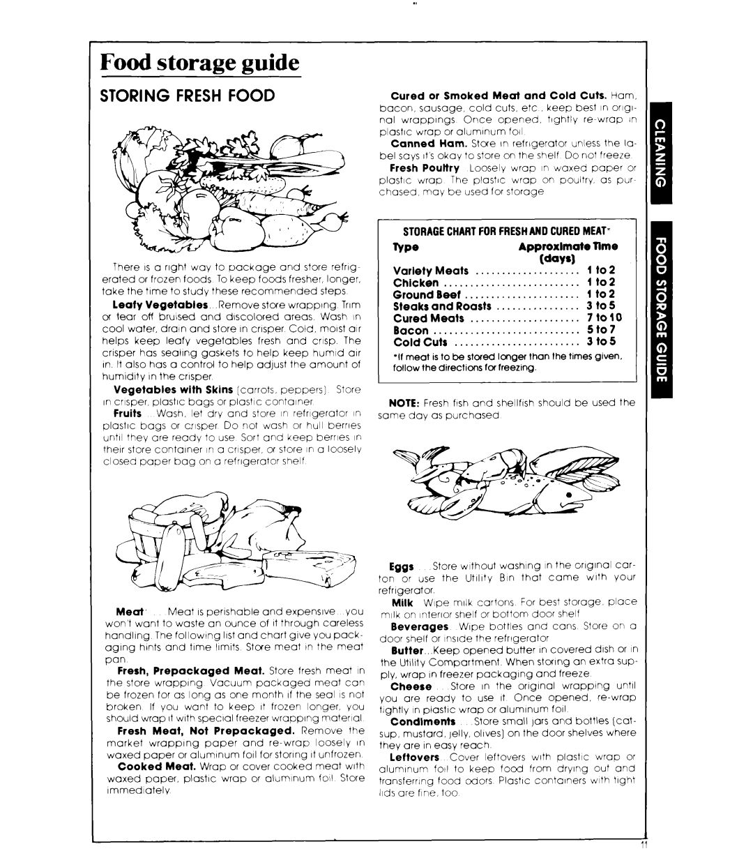 Whirlpool ED25SM manual Food storage guide, STORAGECHARTFORFRESHAN0 CUREDMEAT7 