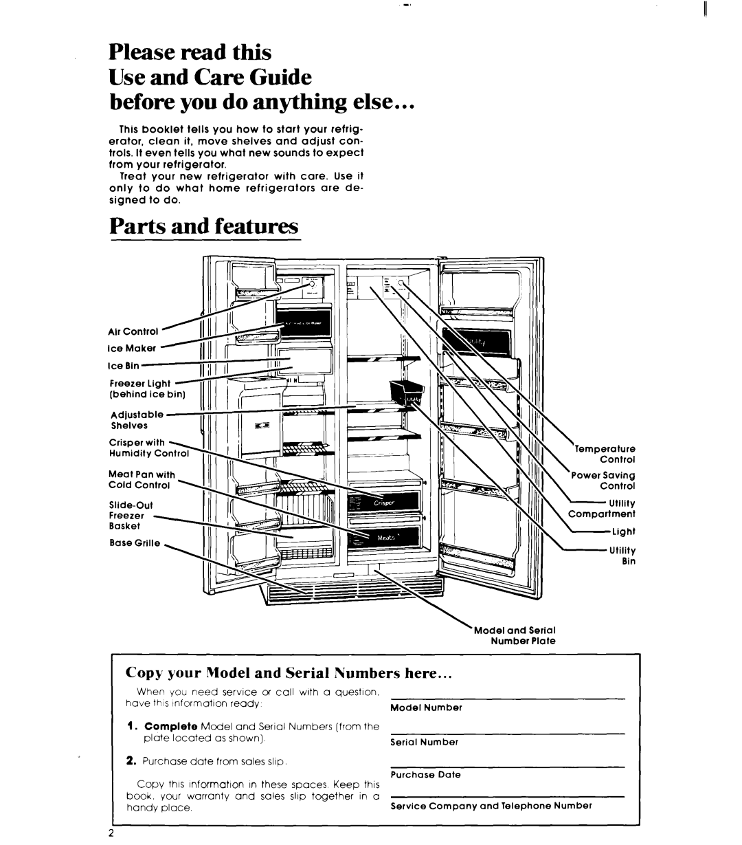 Whirlpool ED25SM manual Before you do anything else, Parts and feature-s, Copy your Model and Serial Numbers here 