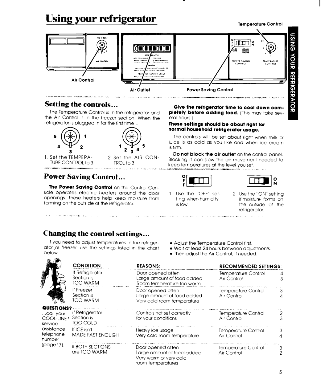 Whirlpool ED25SM manual Using your refrigerator, Power Saving Control, Changing the control settings 