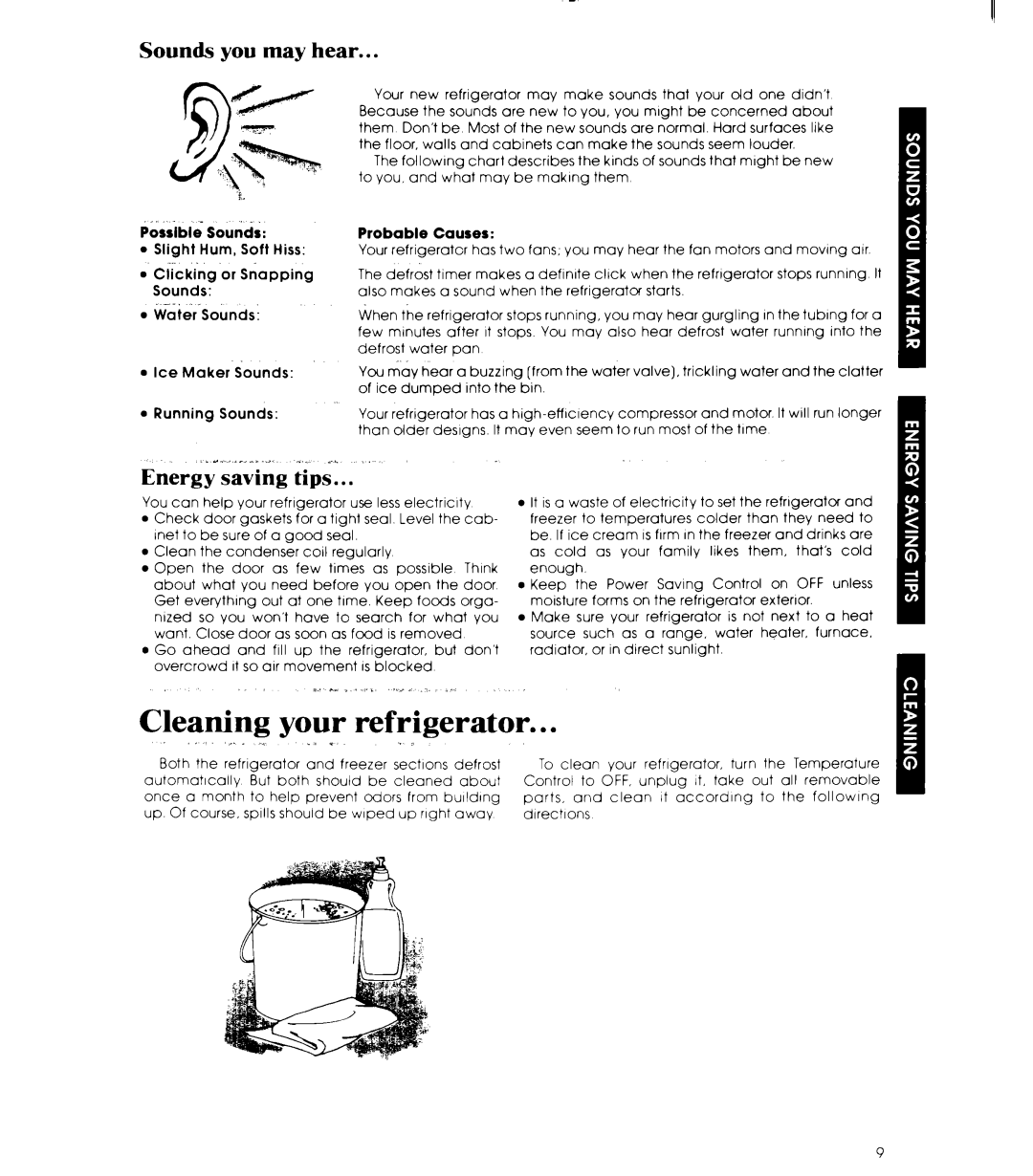 Whirlpool ED25SM manual refrigerator, Sounds you may hear, Energy saving tips, Cleaning your 