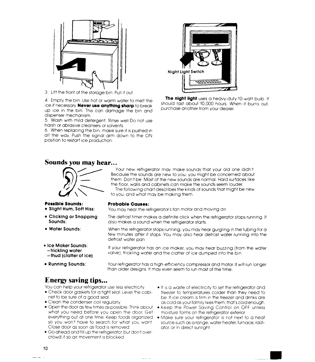 Whirlpool ED25SMIII manual Sounds you may hear, Energy saving tips, Possible Sounds, Probable Causes 